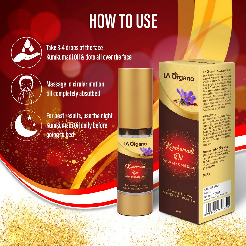 LA Organo Kumkumadi Oil Enriched with 24K Gold Dust | Grocsy