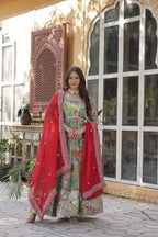 Vastranavya Multicolor Russian Silk Foil Embroidery with Zari Sequins & Digital Printed Gown Dupatta | Grocsy