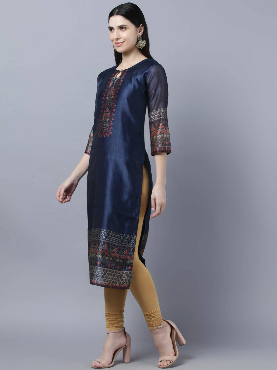 Myshka Women Navy Blue Ethnic Motifs Printed Keyhole Neck Chanderi Silk Kurta | Grocsy