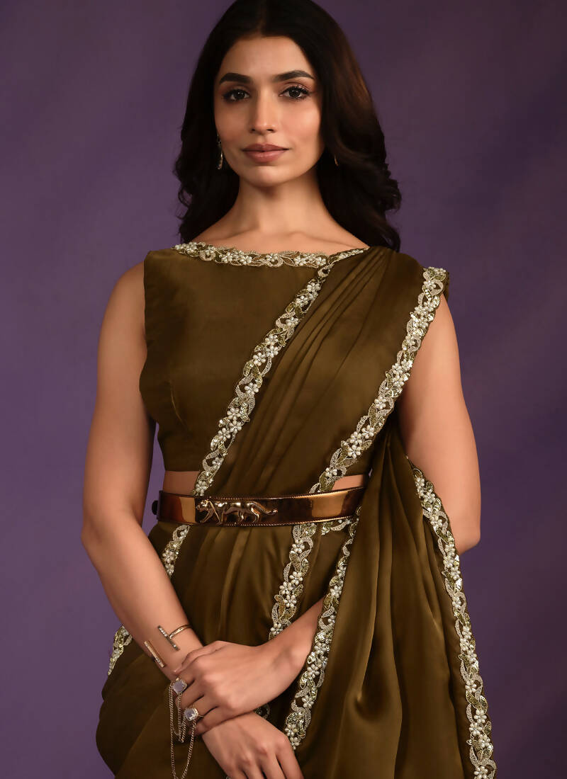 Olive Crepe Shimmer Silk Embroidered Saree With Stitched Blouse - Mohmanthan Exotica | Grocsy