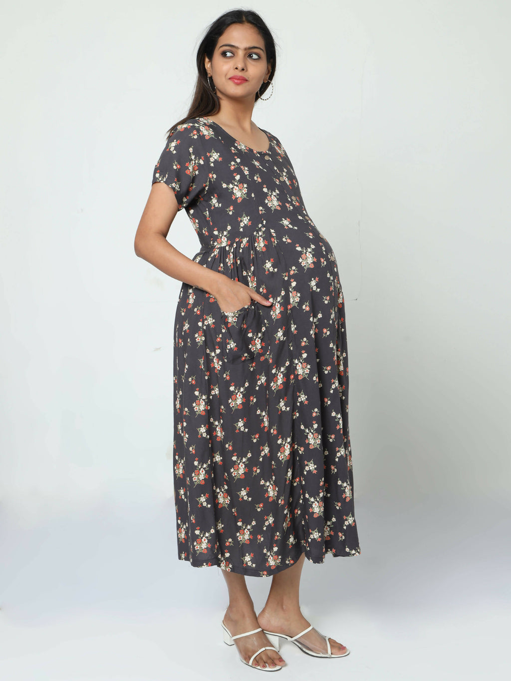 Manet Short Sleeves Maternity Dress Floral Print With Concealed Zipper Nursing Access - Navy Blue | Grocsy