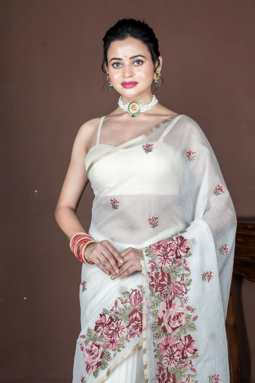 Morchari Off White Supernet Cross Embroidery Saree Unstitched Blouse | Grocsy