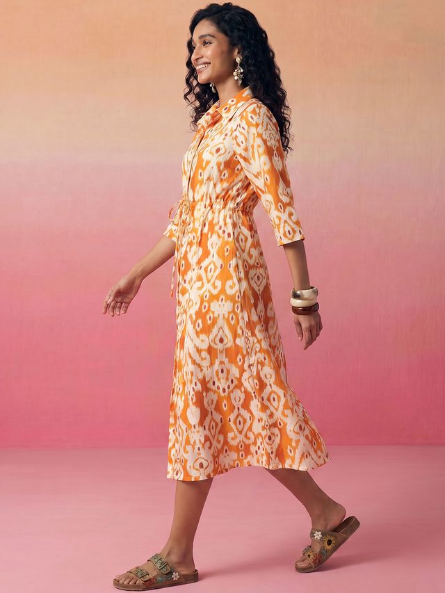 Janasya Orange A-Line Cotton Dress | Grocsy