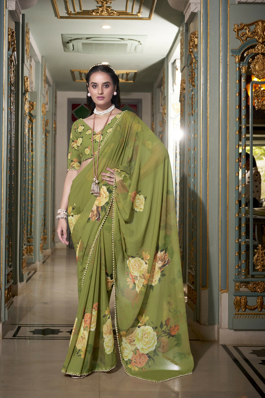 Vastranavya Mehendi Spectacular Georgette Printed with Pearl Lace Saree with Unstitched Blouse | Grocsy
