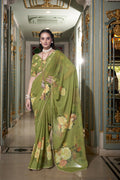Vastranavya Mehendi Spectacular Georgette Printed with Pearl Lace Saree with Unstitched Blouse | Grocsy