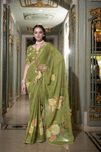Vastranavya Mehendi Spectacular Georgette Printed with Pearl Lace Saree with Unstitched Blouse | Grocsy