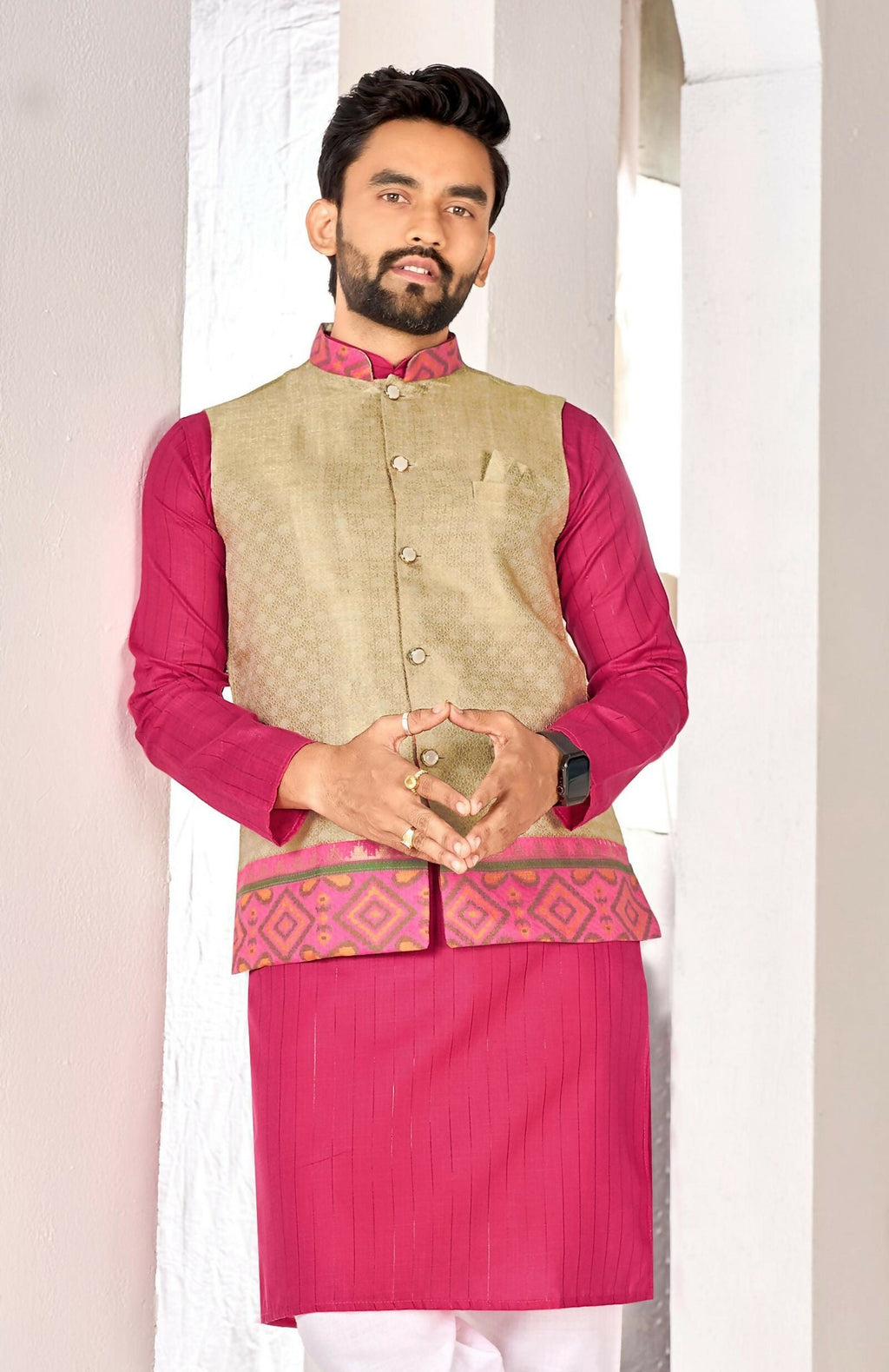 Anaita Beige Cotton Straight Kurta Pajama & Koti With Jequard Work | Grocsy