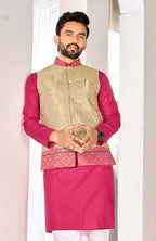 Anaita Beige Cotton Straight Kurta Pajama & Koti With Jequard Work | Grocsy