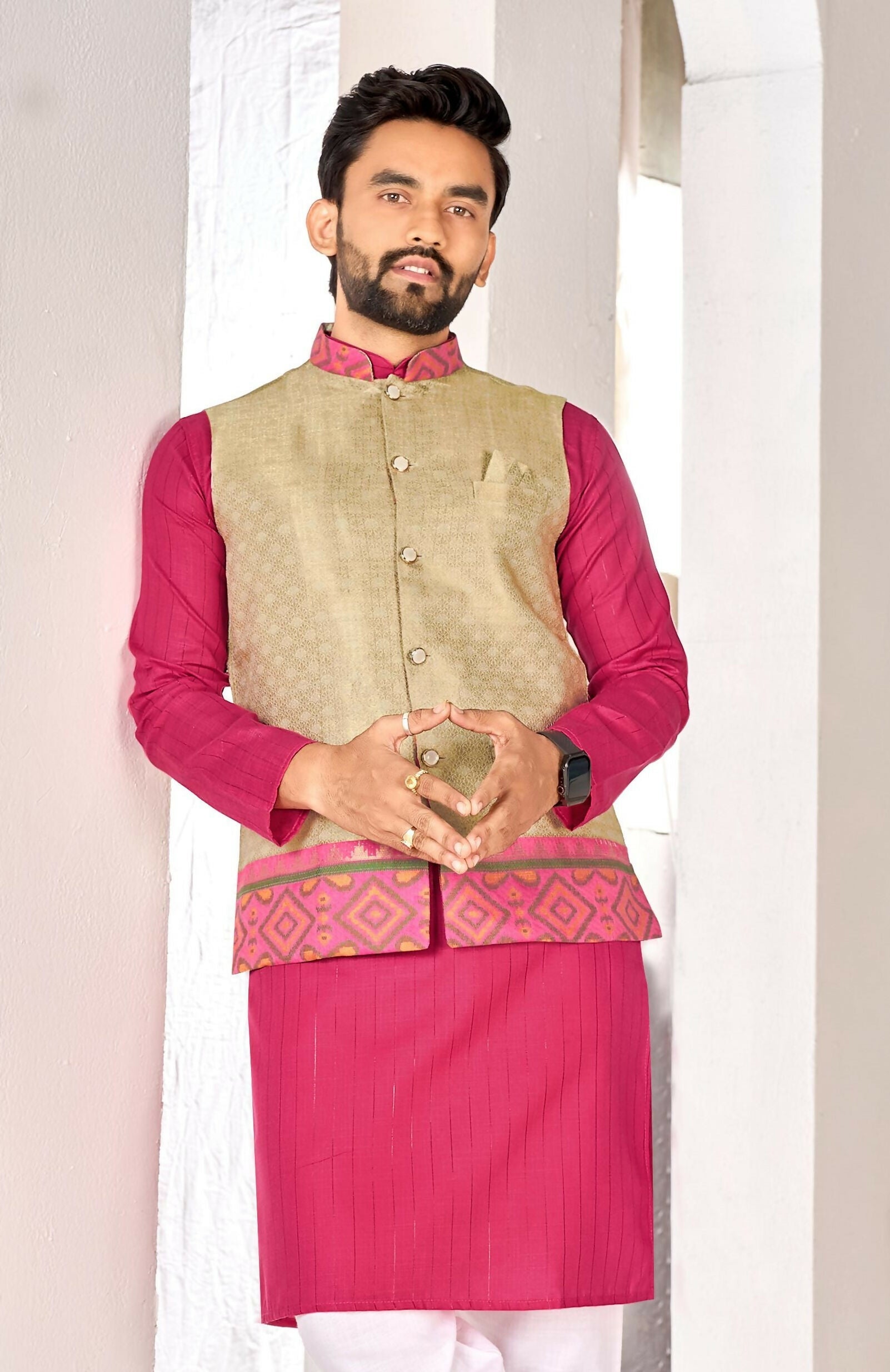Anaita Beige Cotton Straight Kurta Pajama & Koti With Jequard Work | Grocsy