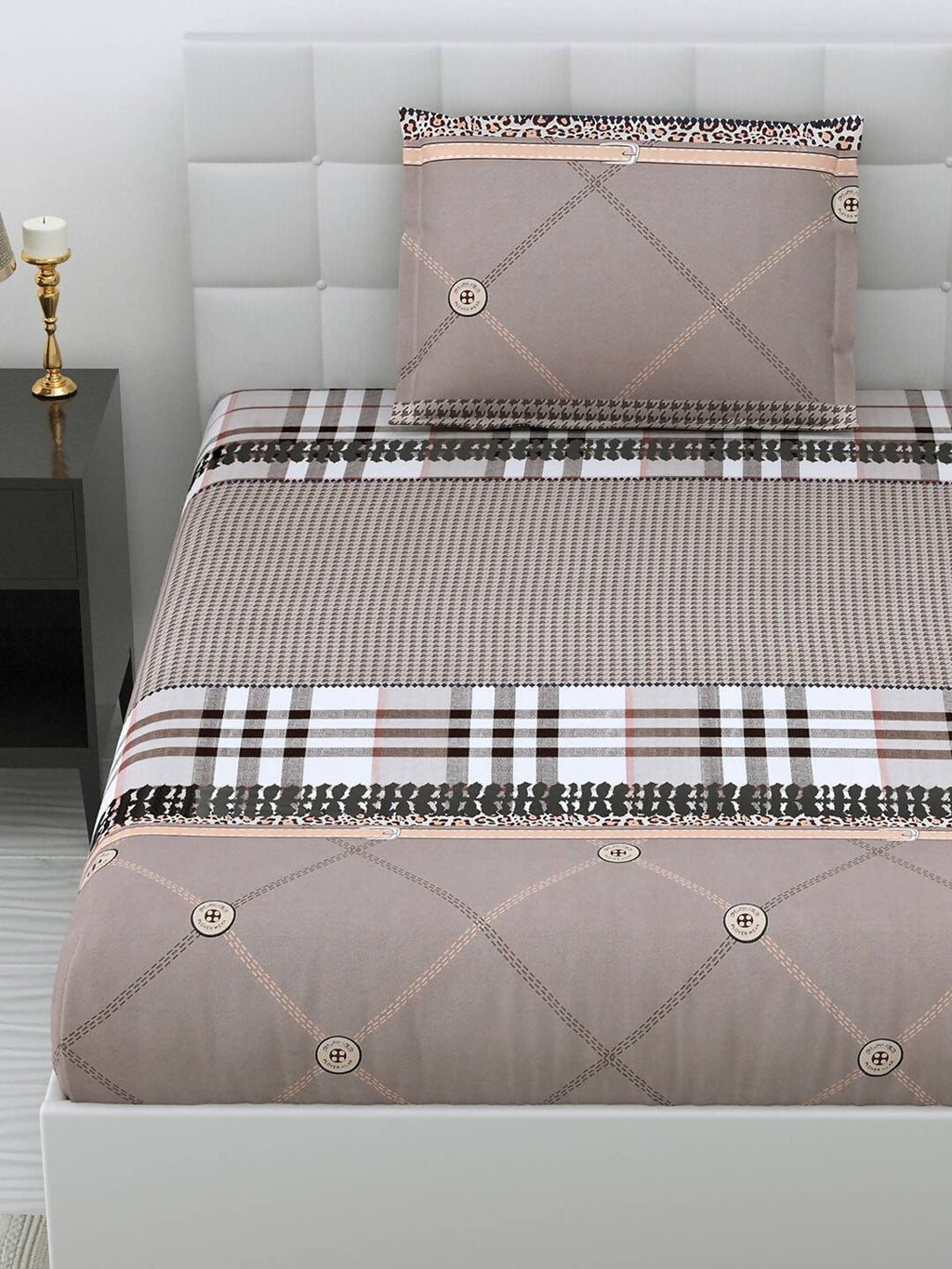 DREAM WEAVERZ Beige Checked 220 TC Glazed Cotton Bedsheet with Pillow Covers | Grocsy