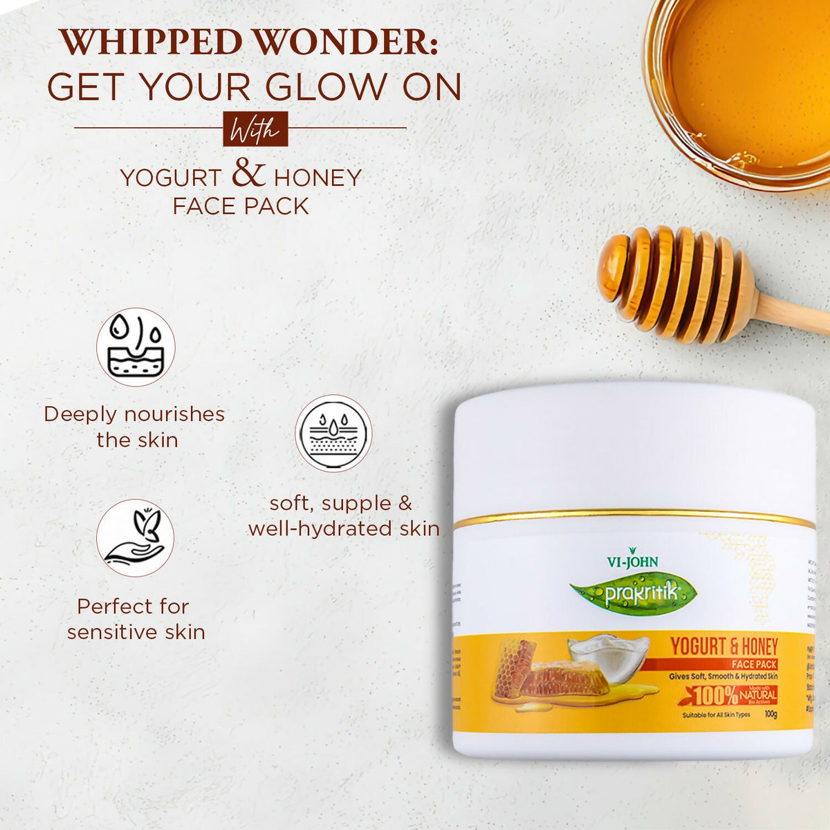 VI-JOHN Prakritik Yogurt & Honey Face Pack Restoresgmlow, Made With 100% Natural Bio Actives | Grocsy