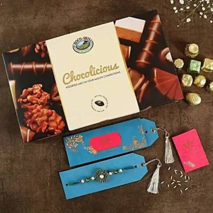 Premium Beads Rakhi & Choco Swiss Chocolicious Box | Grocsy