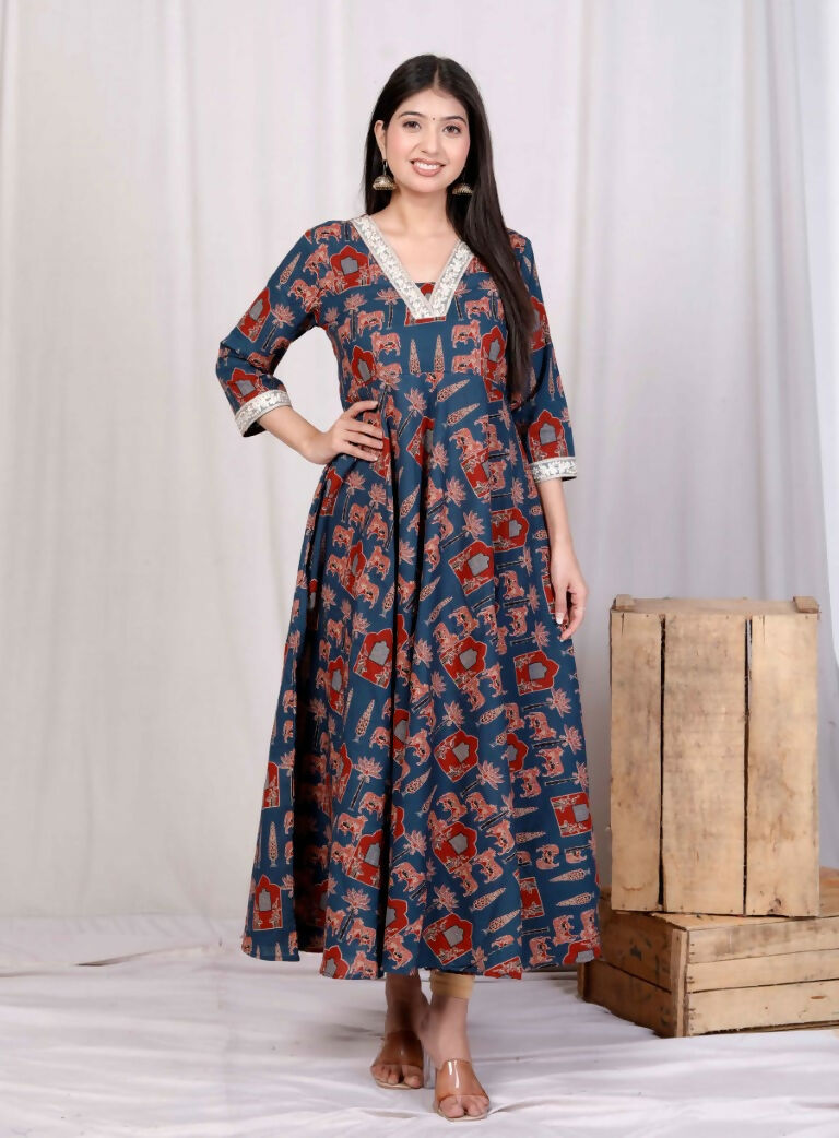 Miravan Women's Pure Cotton Blue Animal Printed Zari Lace Work Yoke Anarkali Kurta | Grocsy