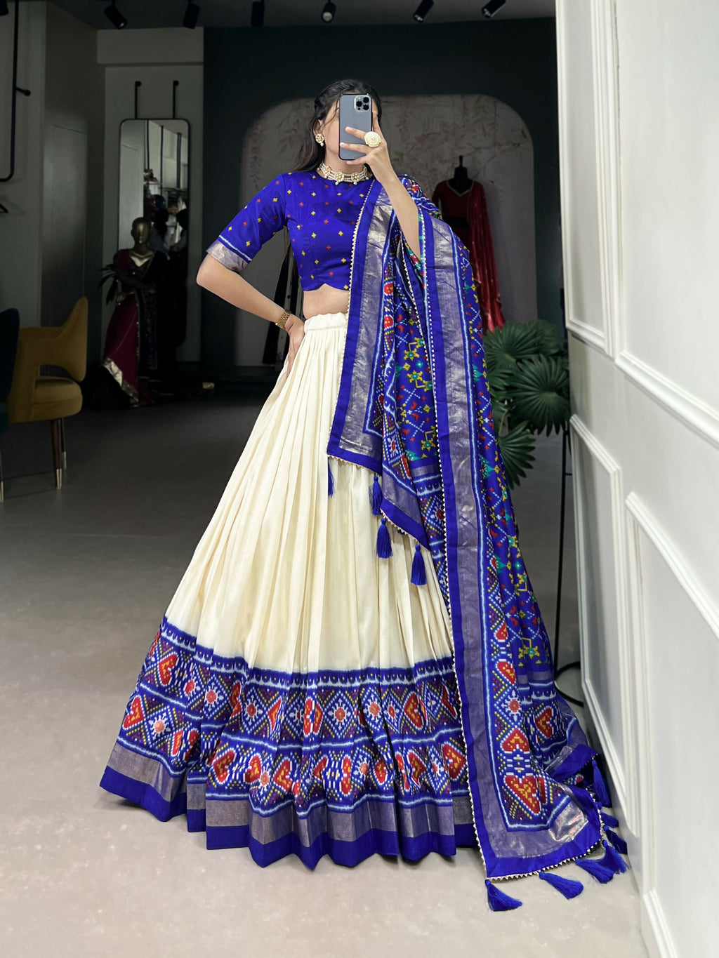 Lorenvalley Offwhite and Royalblue Tussar Silk Patola Print Lehenga Choli | Grocsy