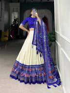 Lorenvalley Offwhite and Royalblue Tussar Silk Patola Print Lehenga Choli | Grocsy