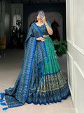 Vastranavya Bandhej And Ajarakh Print Tussar Silk Lehenga Choli - Green | Grocsy