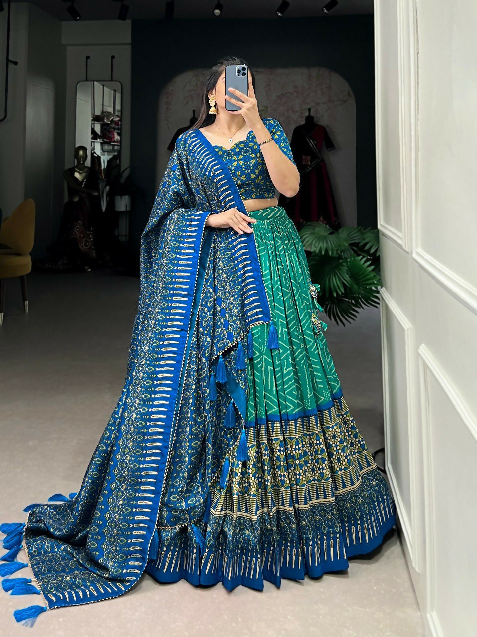 Vastranavya Bandhej And Ajarakh Print Tussar Silk Lehenga Choli - Green | Grocsy