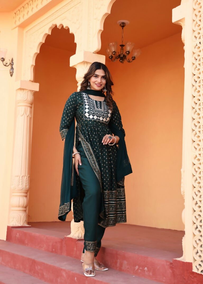 Alvano Women's Embroidery work Print Naira Cut Kurti with Pant and Dupatta set Rayon | Grocsy