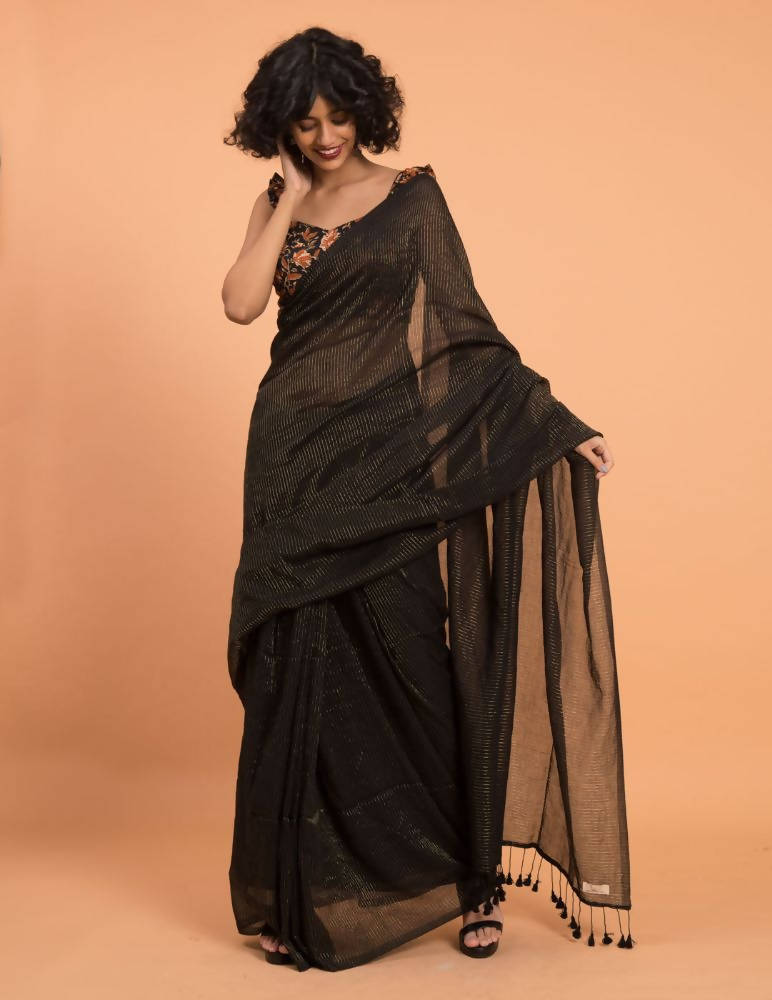Suta Black Woven Zari Striped Pure Handloom Cotton Saree | Grocsy