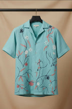 Serene — Aqua Embroidered Linen Shirt by Hilo Design | Grocsy