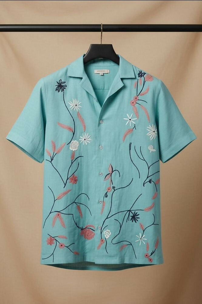 Serene — Aqua Embroidered Linen Shirt by Hilo Design | Grocsy