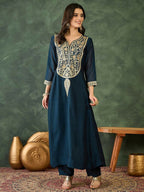 The52 Women's Beautiful Embroidery Work Vichitra Silk Fabric Flared Kurta Pant and Dupatta Set | Grocsy