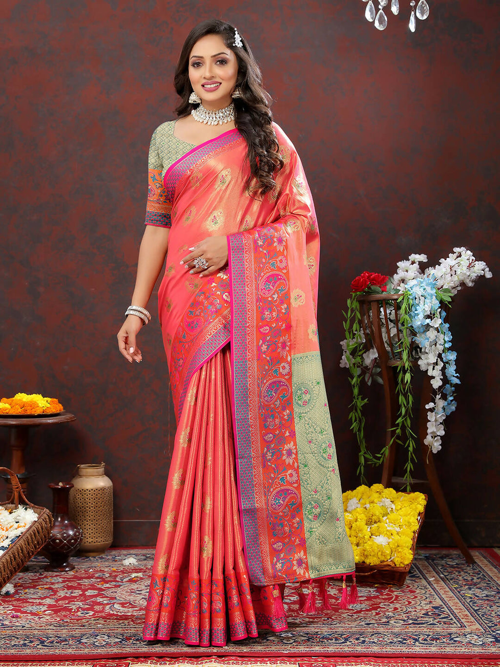 Lorenvalley Fashion Peach Kanjivaram Silk Woven Design with Zari Weaving Saree | Grocsy