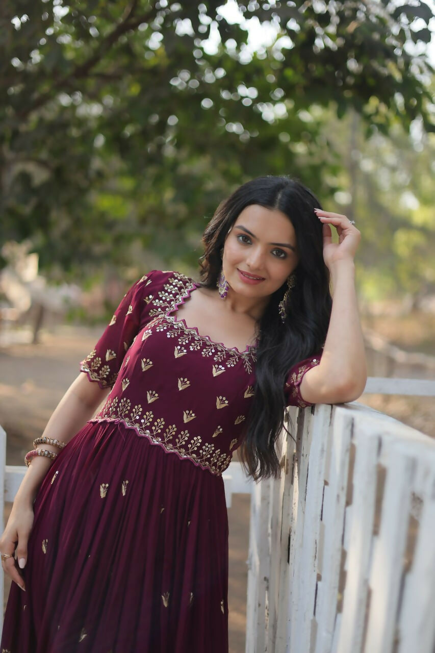 Vastranavya Premium Designer Faux Blooming with Embroidery Zari Sequins work Gown - Maroon | Grocsy