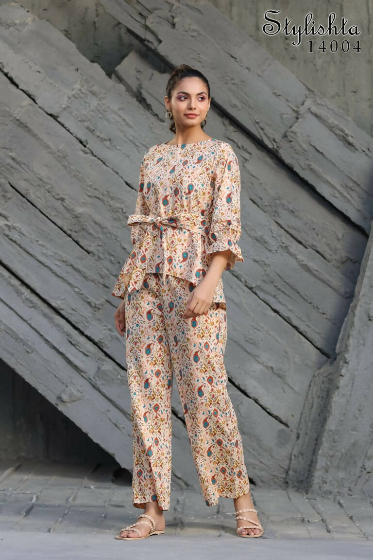 Women's Partywear Designer Cream & Multi Muslin co-ord set - Stylishta | Grocsy