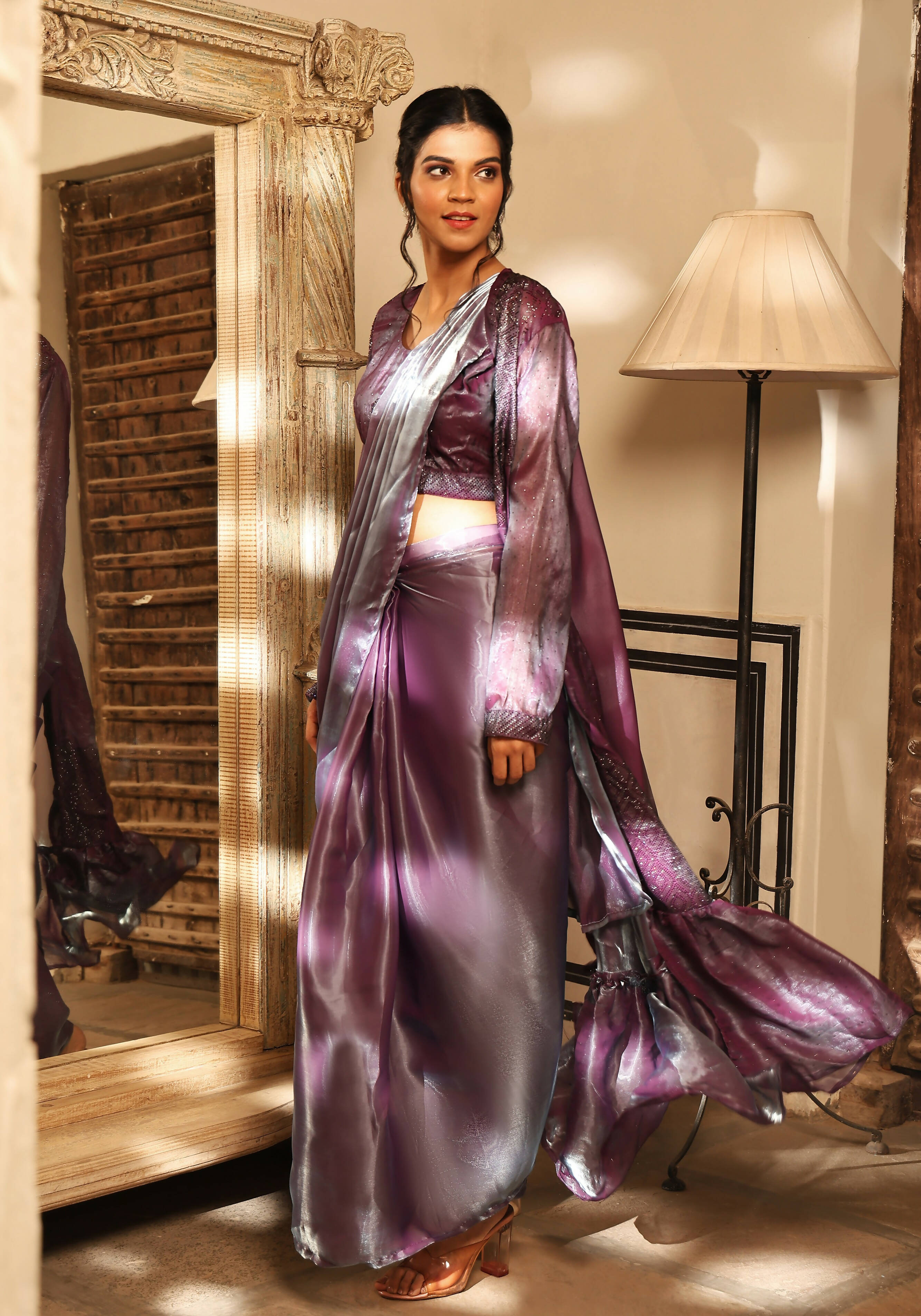 Lavender Tom Silk Plain Ready To Wear Saree With Stitched Blouse - Satiksha | Grocsy