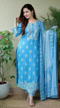 Alvano Women's Printed Straight 3Pcs Kurti with Pant and Dupatta set Cotton (Light Blue) | Grocsy
