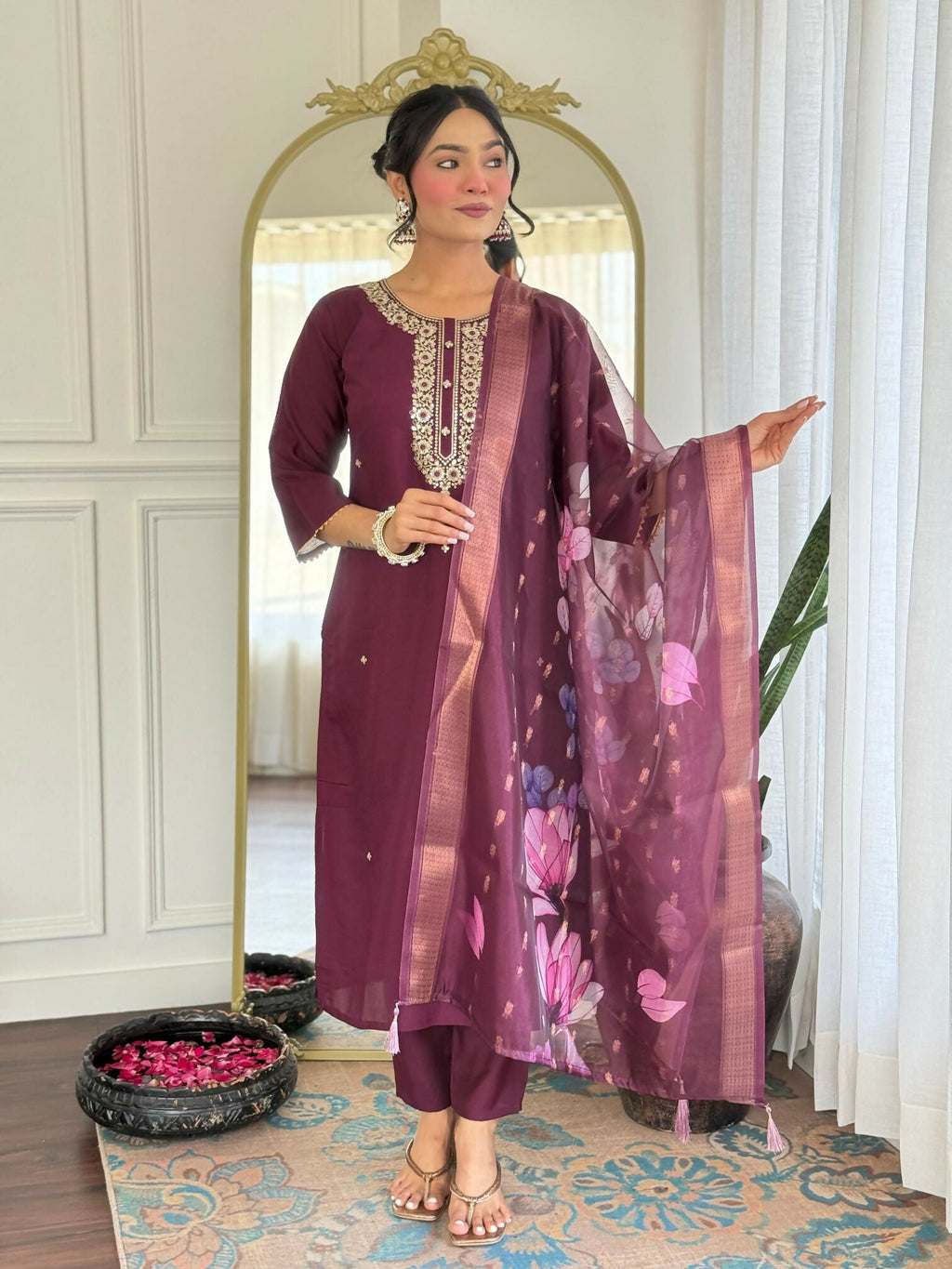 The52 Wine Women's Gorgeous Rayon Fabric Embroidered Work Straight Kurta Pant and Dupatta Set | Grocsy