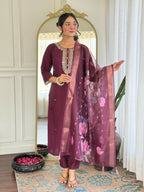 The52 Wine Women's Gorgeous Rayon Fabric Embroidered Work Straight Kurta Pant and Dupatta Set | Grocsy