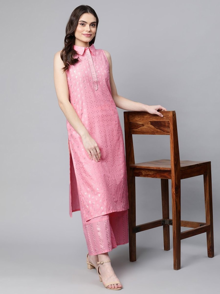 Ahalyaa Women Light Pink Colour Pure Cotton Printed Kurta Palazzo Set | Grocsy