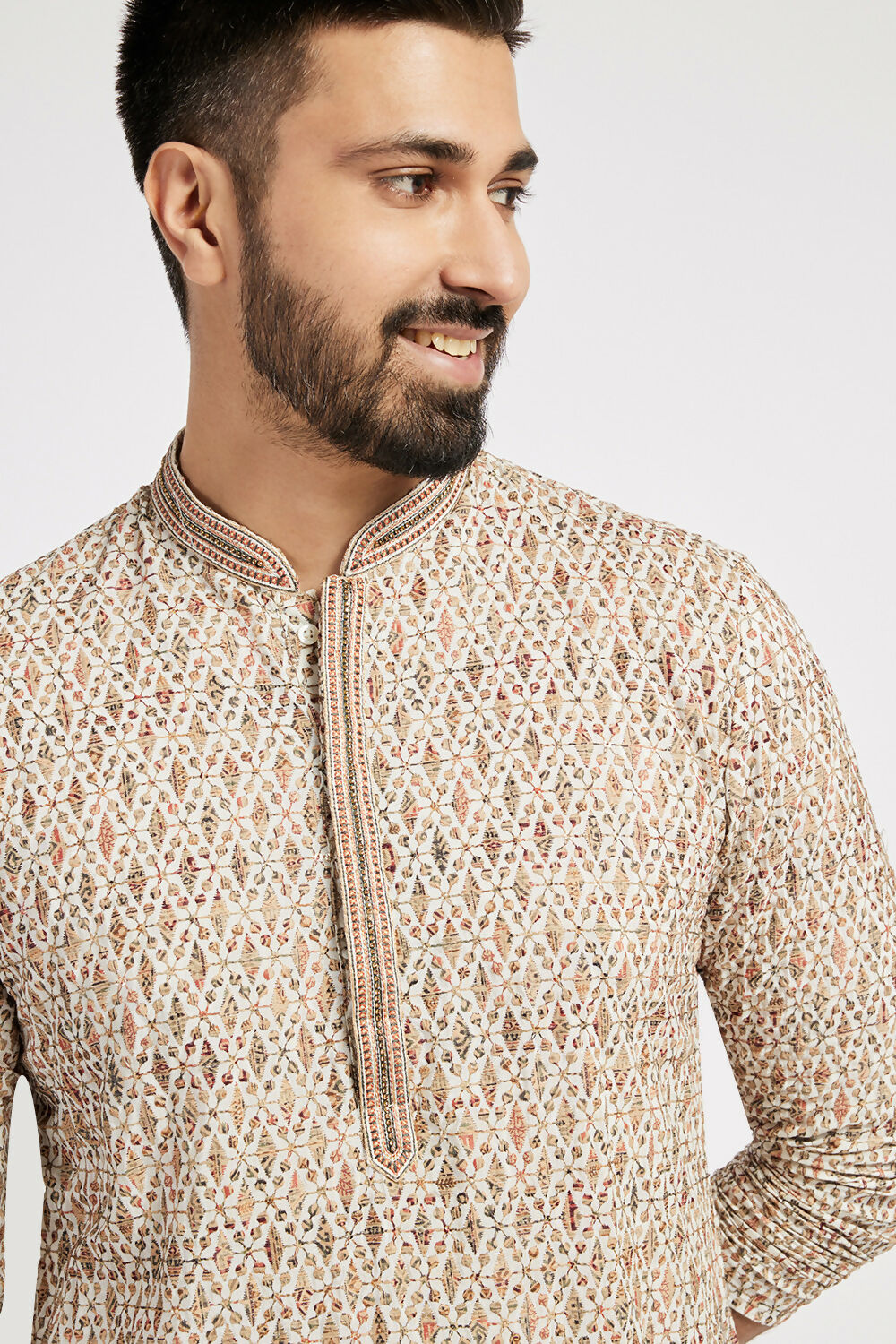 Ethnic India Beige Men's Kurta Embellished Viscose Rayon | Grocsy