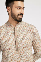 Ethnic India Beige Men's Kurta Embellished Viscose Rayon | Grocsy