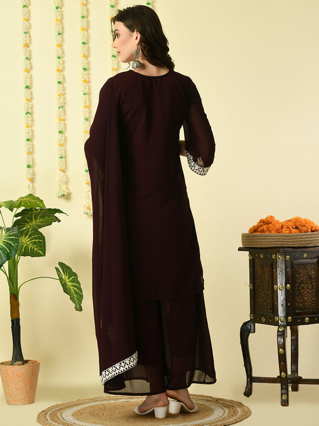 Myshka Women's Coffee Brown Georgette Kurta & Palazzos With Dupatta Party Sets | Grocsy
