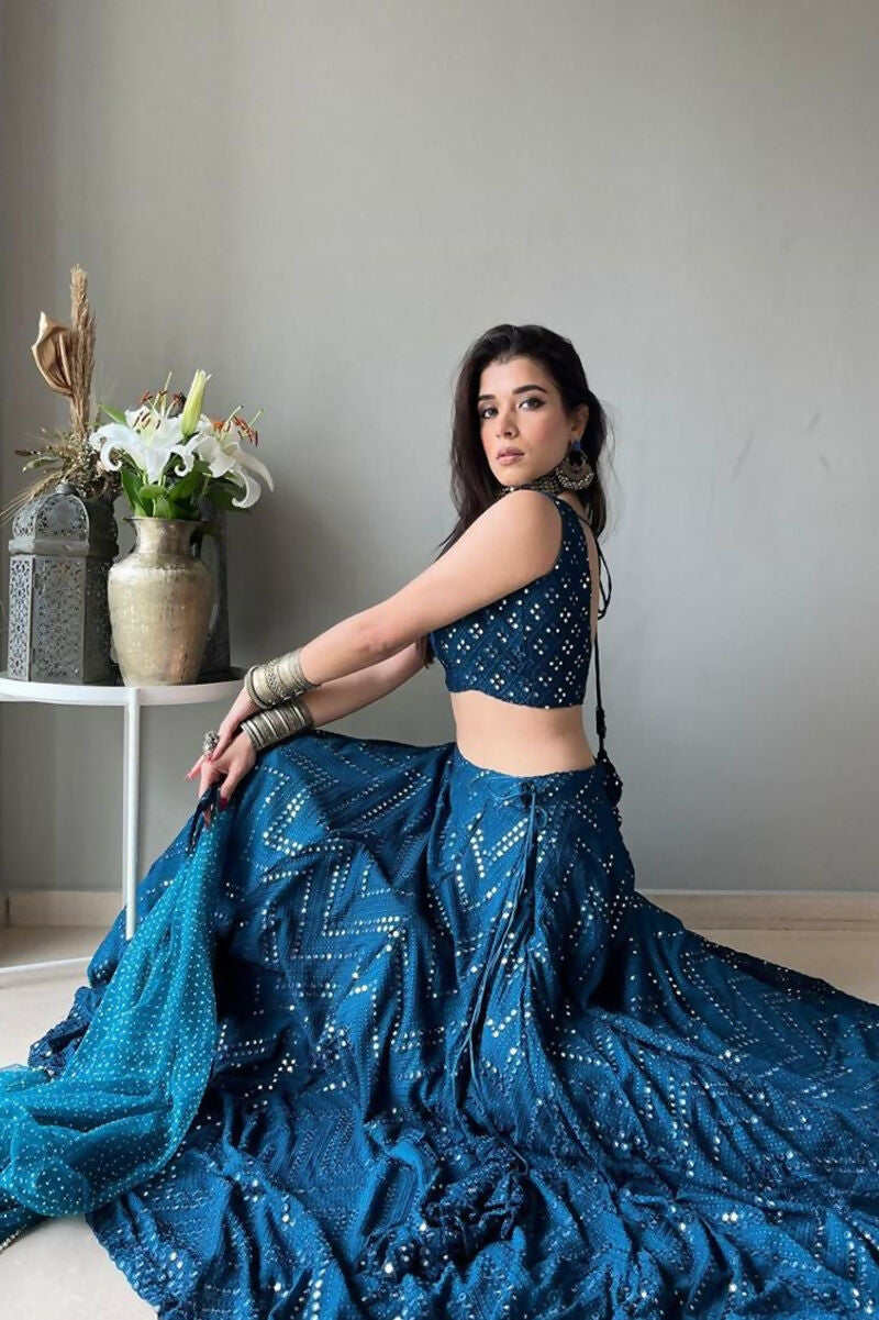 Jyoti Fashion Blue Thread Embroidery Georgette Designer Lehenga Choli with Dupatta | Grocsy