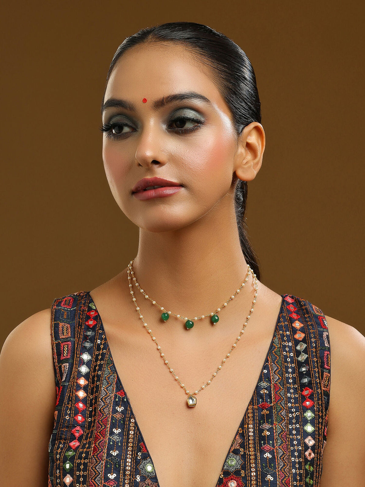 Ruby Raang Gold Kundan and Green Stone Layered Necklace | Grocsy