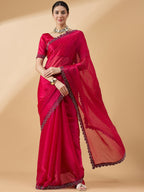 Pink Organza Swaroski Diamond Work Saree with Unstitched Blouse - Radha | Grocsy