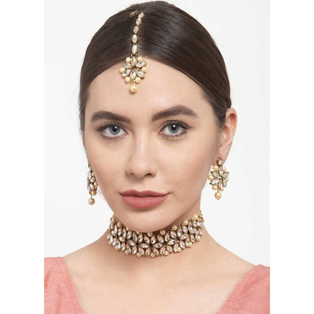 Mominos Fashion Trendy Gold-Polished with Stone & Pearls Necklace Set | Grocsy
