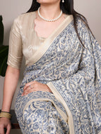 Vastranavya Blue Tussar Silk Printed Saree with Unstitched Blouse | Grocsy