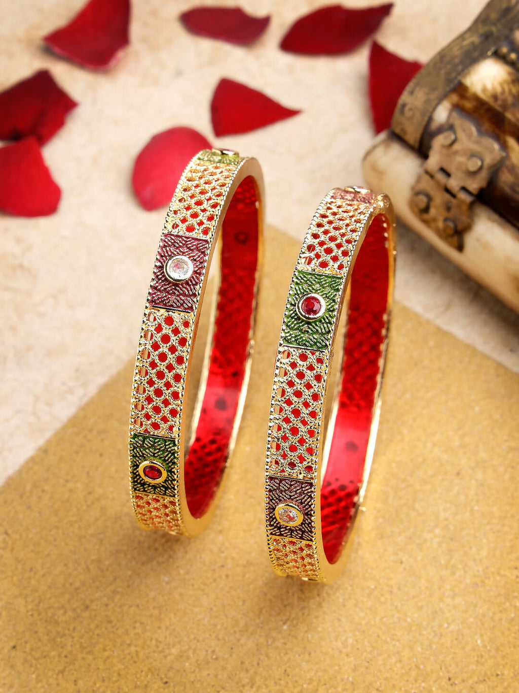 NVR Women's Set Of 2 Gold-Polished Red Kundan Traditional Bangles | Grocsy