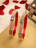 NVR Women's Set Of 2 Gold-Polished Red Kundan Traditional Bangles | Grocsy