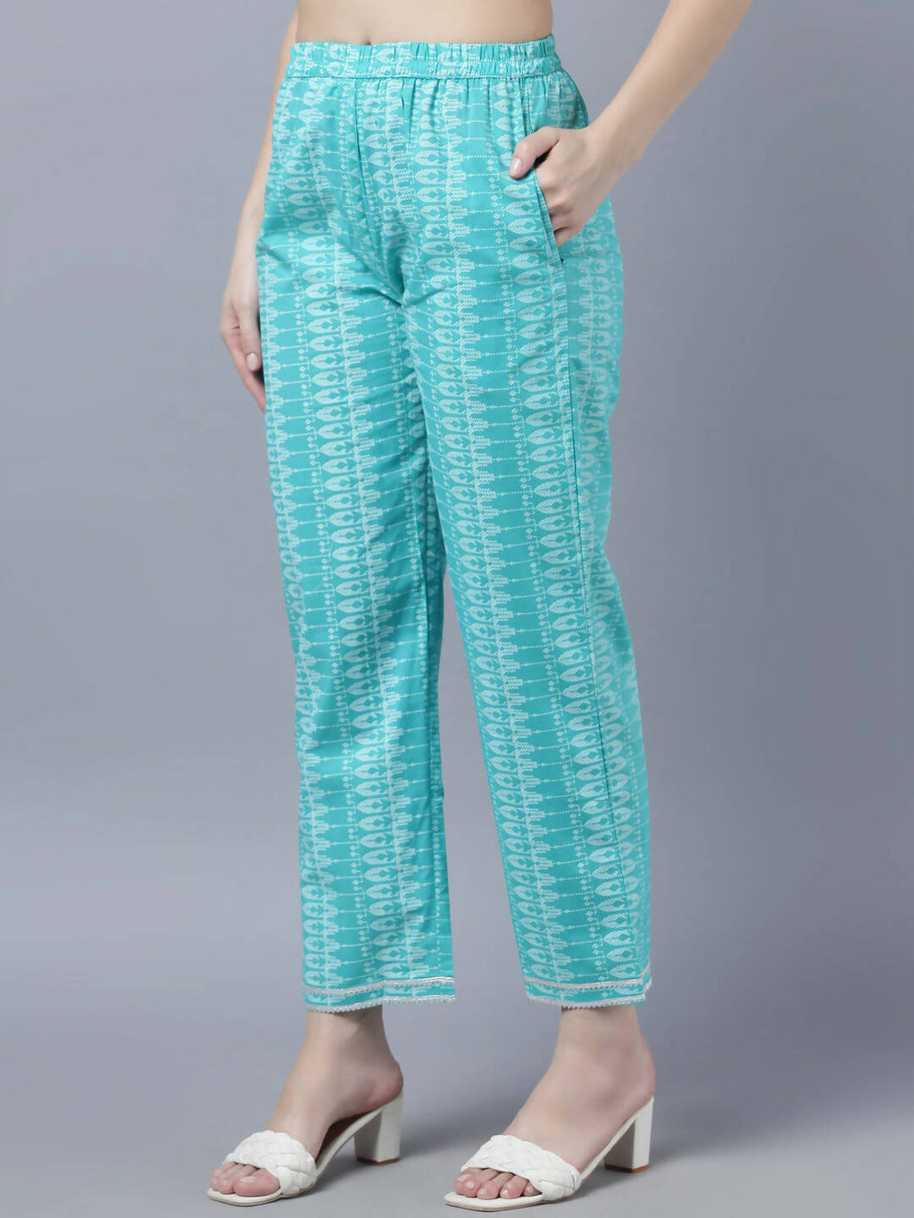 Myshka Women Turquoise Blue Layered Pure Cotton Kurti with Trousers With Dupatta Set | Grocsy