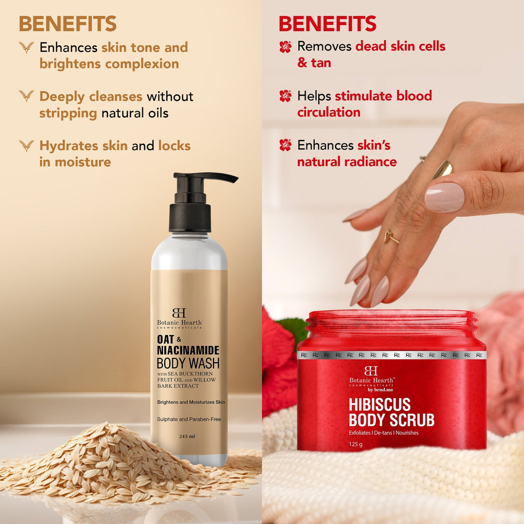 Botanic Hearth Oat & Niacinamide Bodywash & Hibiscus Scrub Combo | Grocsy