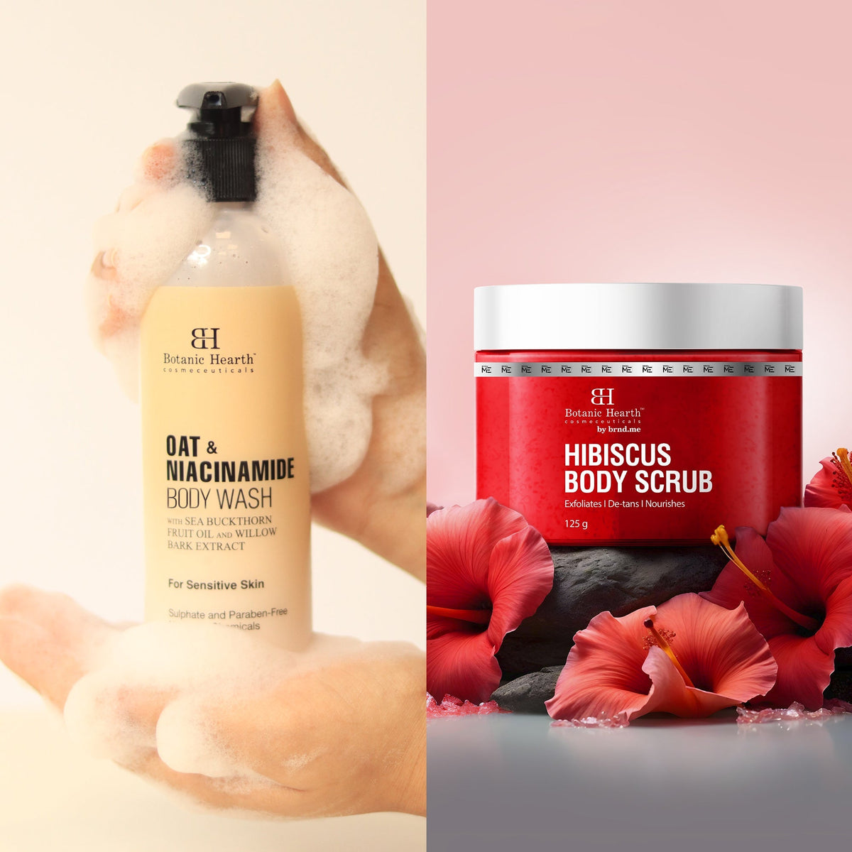 Botanic Hearth Oat & Niacinamide Bodywash & Hibiscus Scrub Combo | Grocsy