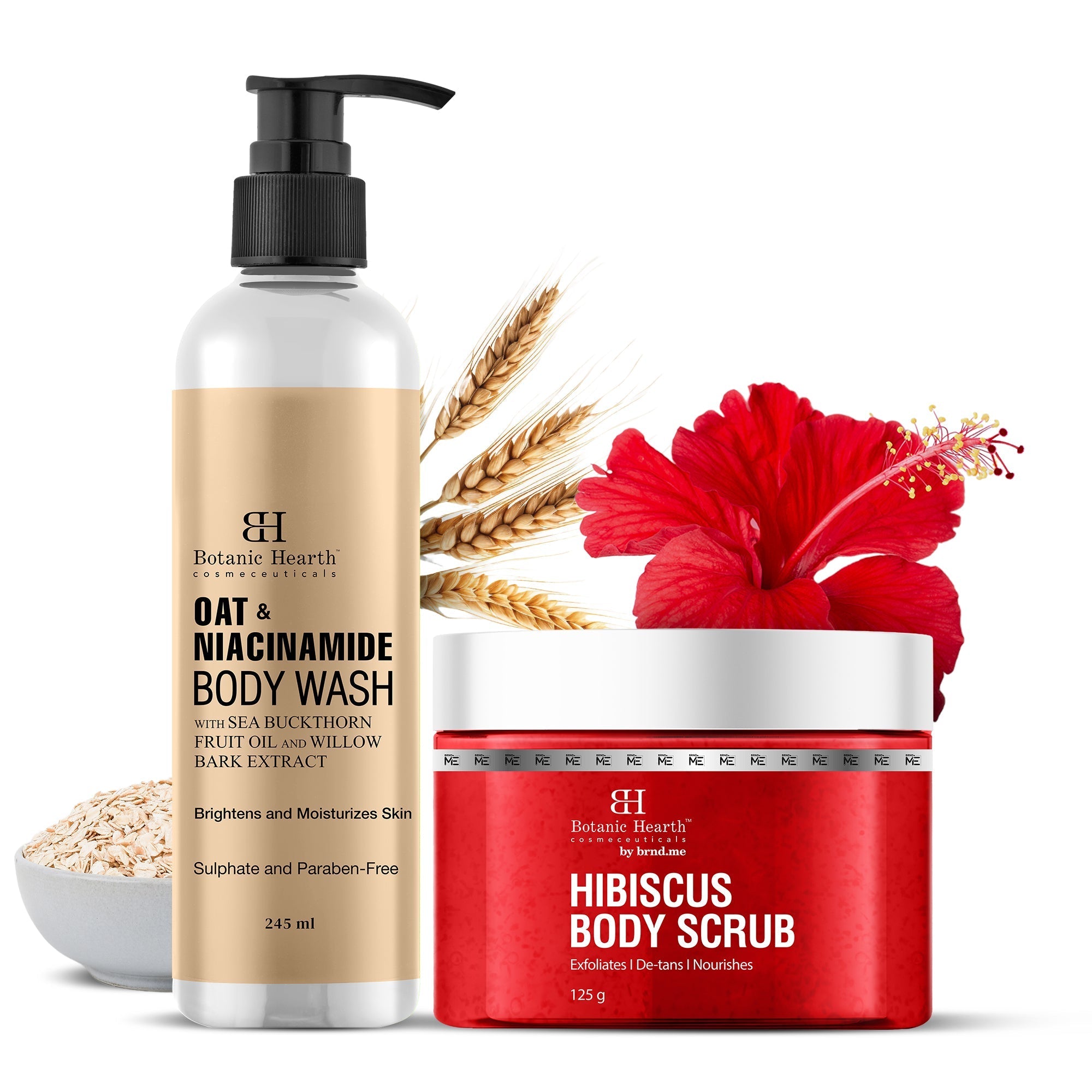Botanic Hearth Oat & Niacinamide Bodywash & Hibiscus Scrub Combo | Grocsy