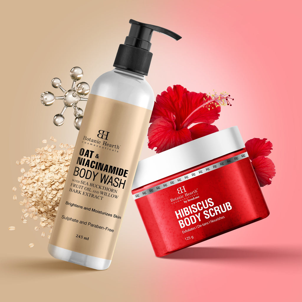 Botanic Hearth Oat & Niacinamide Bodywash & Hibiscus Scrub Combo | Grocsy