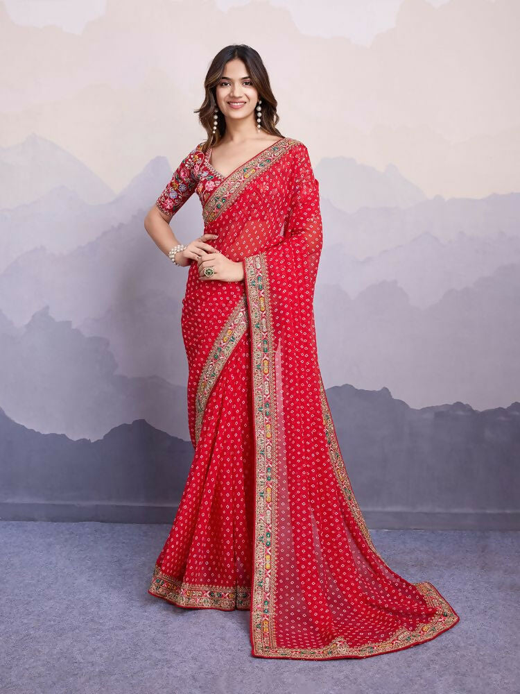 Red Georgette Bandhani Printed,Embroidery Work Saree - Surkhi | Grocsy